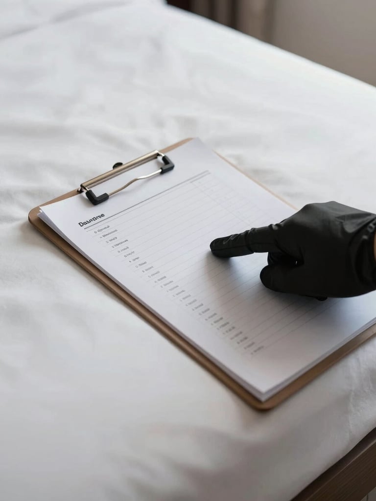 Extreme close-up overhead shot of a gloved hand pressing a white clipboard checklist against a freshly made hotel room bed corner, north-facing daylight through a window casting clean diffused light across the surface, tight framing showing only the hand, the document edge, and the precise fold of the bed linen below