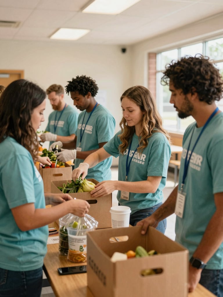 Local volunteers organizing a community food drive in a warm, sunlit Indiana neighborhood center, candid human connection
