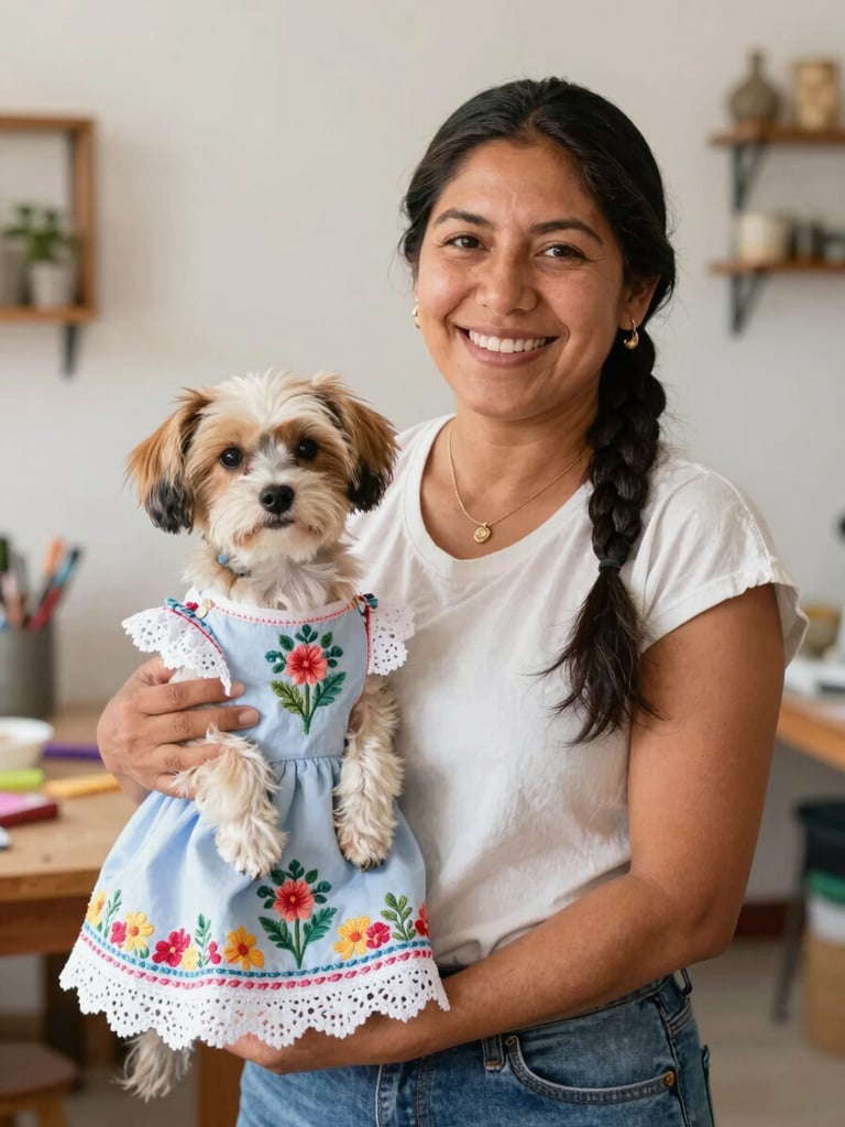 Portrait of a smiling Mexican artisan woman in a bright workshop, holding a beautifully finished pet dress, warm lighting, authentic and proud expression
