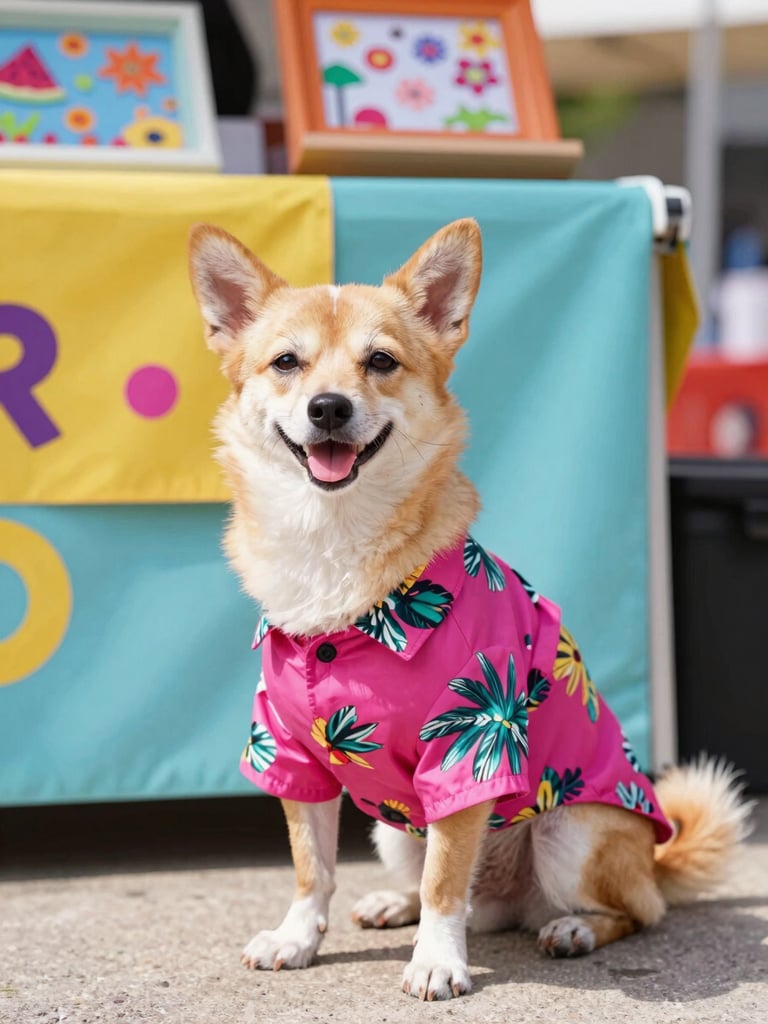 A happy small dog wearing a bright magenta tropical print shirt sitting proudly next to a colorful craft market stall, bright daylight, eye-level shot.