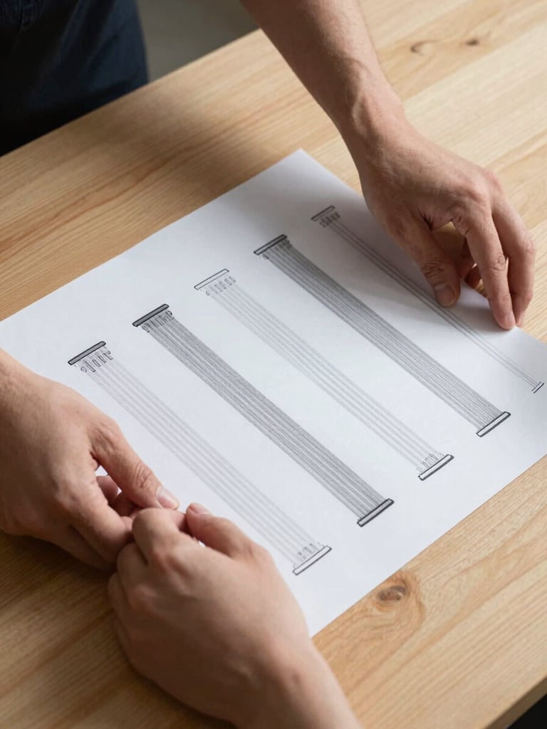 Hands carefully aligning a printed editorial proof on a light oak table, studio strobes casting precise shadows, the printed columns sharp and deliberate, no other objects in frame