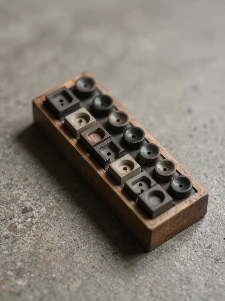 Close-up overhead study of a typographer's composing stick resting on a stone-grey surface, a single set type block in sharp focus, studio strobe light casting a precise shadow to the left, warm neutral tones, no hands visible
