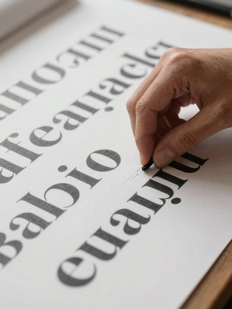 Close-up of a designer's hands adjusting typeset letterforms on a large format proof sheet under precise north-facing studio daylight, ink visible on fingertips, paper grain sharp in the foreground