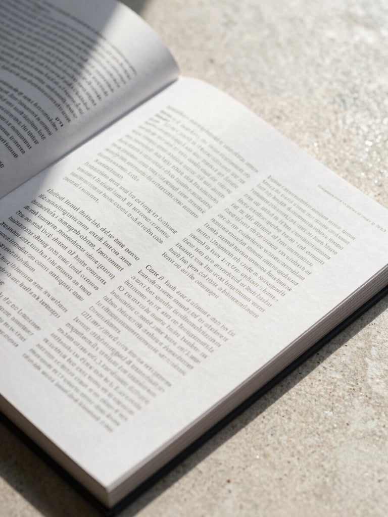 Close-up overhead of a typeset editorial spread laid flat on a pale stone surface, north-facing daylight raking across the pages, ink deep and precise, generous white margins visible