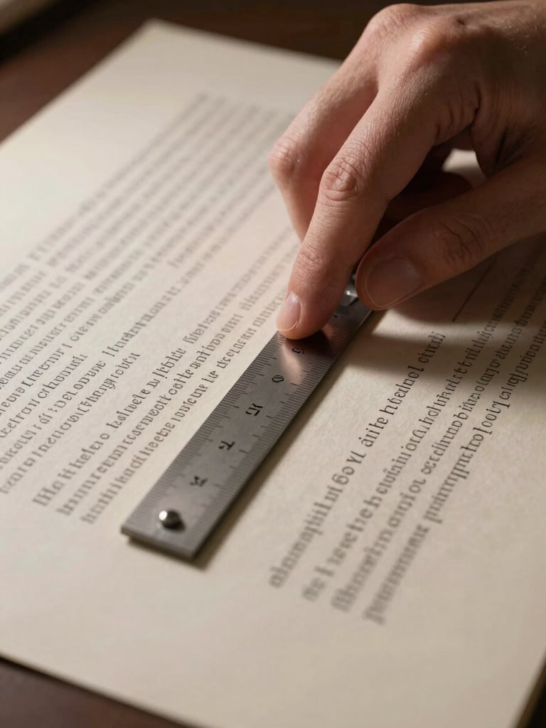 Close-up of a hand resting a typesetter's rule against a column of dense text on cream paper, studio strobe light raking across the surface from the left, sharp shadows revealing paper texture, extreme detail