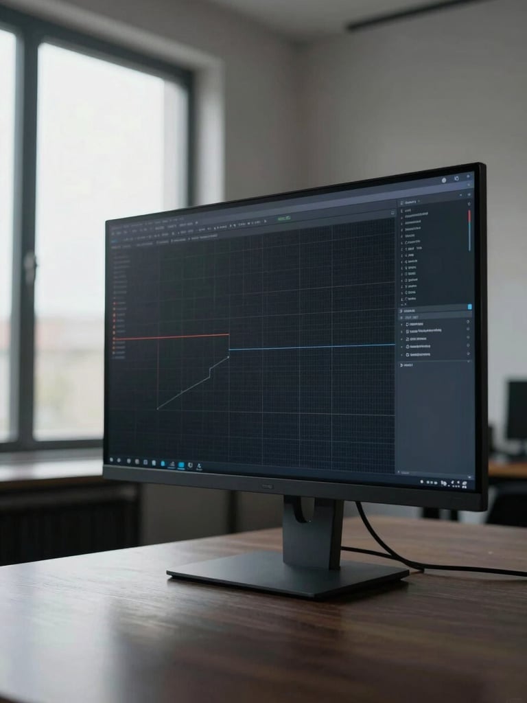 Wide environmental shot of a sparse digital interface displayed on a dark monitor in an empty room, north-facing daylight entering from a tall window to the left, the screen's grid geometry the only ornament