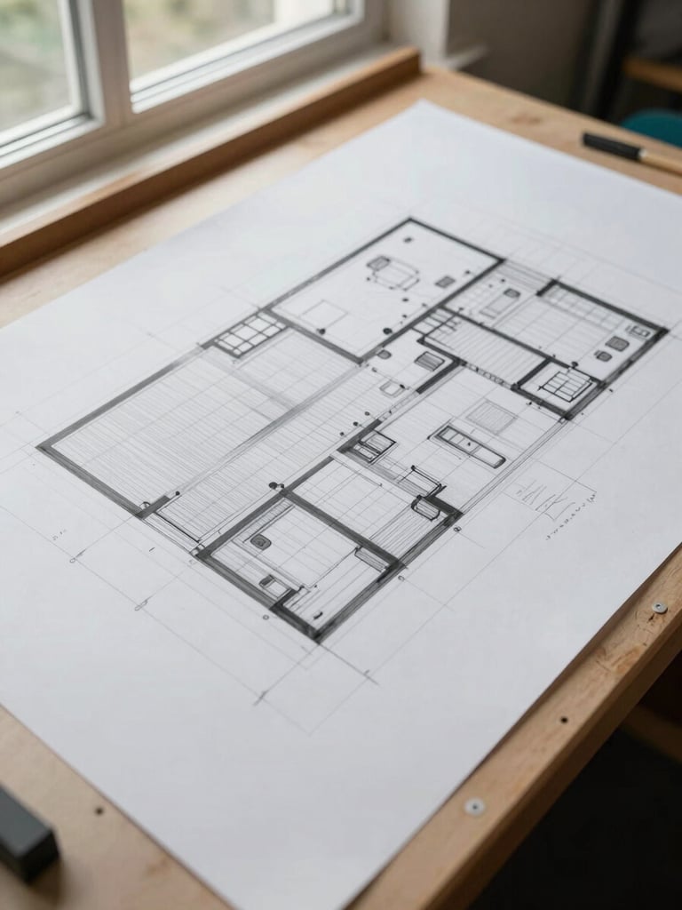 Overhead study of an architectural layout draft on a large drafting table — pencil annotations, ruled grid lines, deliberate margin markings — north-facing daylight from a high window casting soft even illumination, no human figures, only the work itself