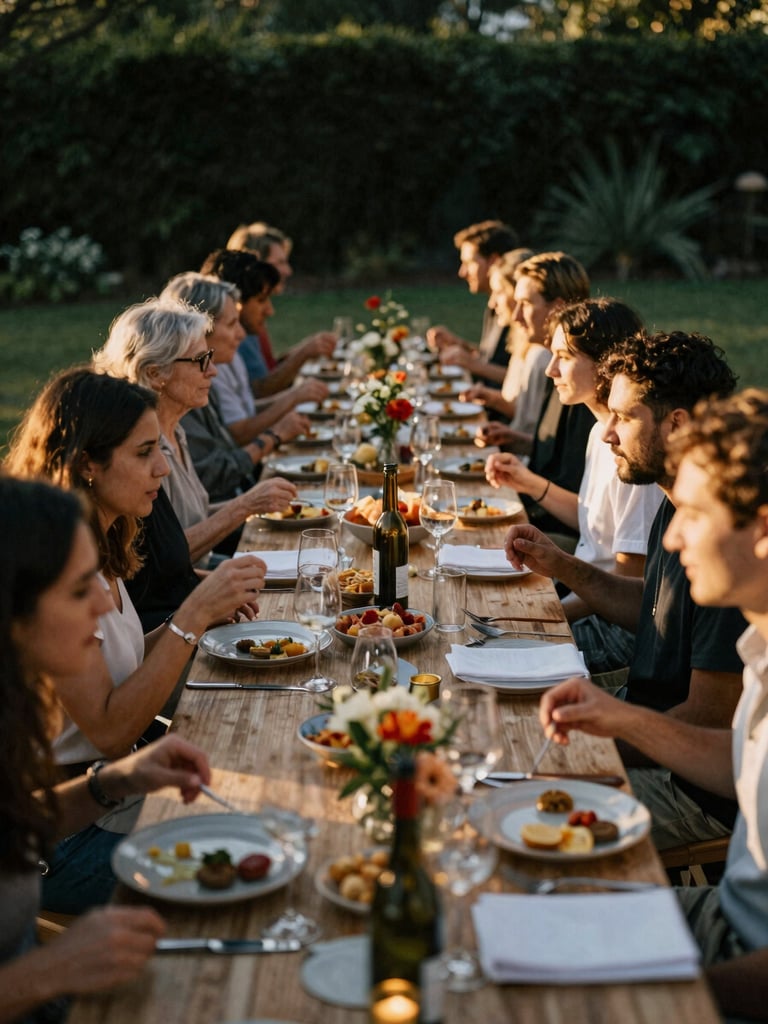 Wide environmental shot of a lively dinner table at golden hour, candid expressions, natural motion blur, warm tones