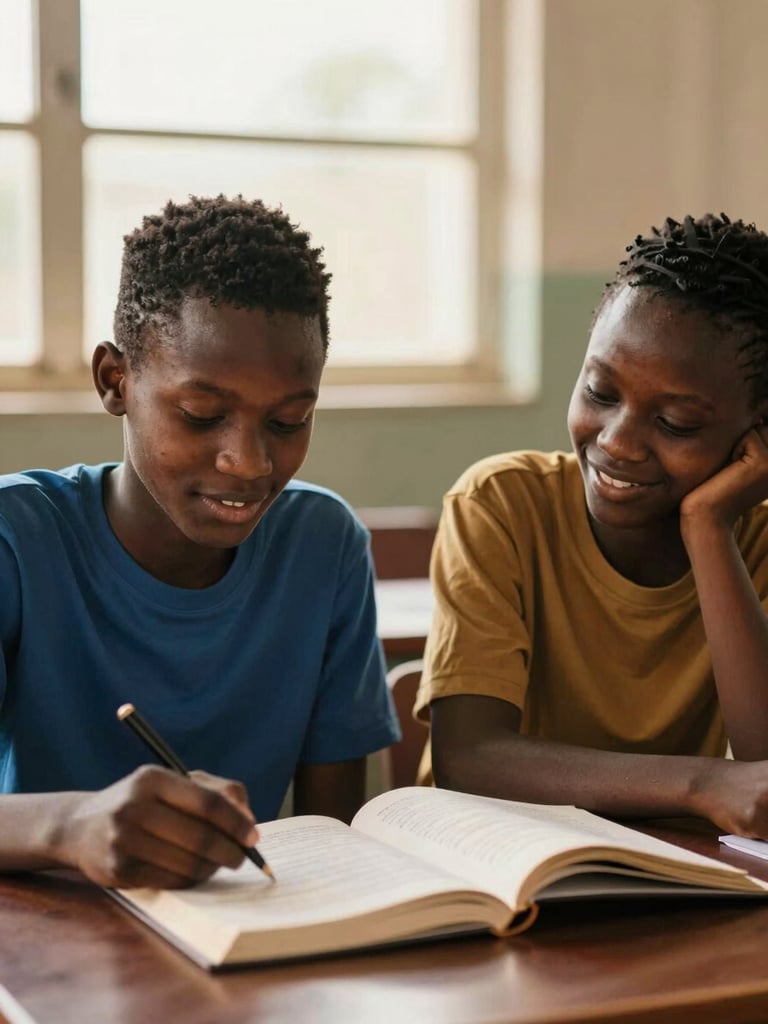 A dignified medium shot of two young African students collaborating over an open book, smiling with quiet confidence, soft natural daylight, shallow depth of field, 35mm