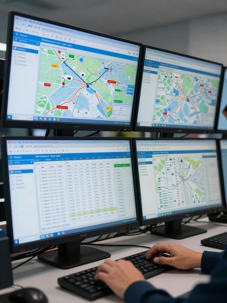 Close environmental shot inside a logistics control room, multiple monitors showing data-dense SAP freight management dashboards with shipment tracking maps and route tables, a single operator's hands visible on a keyboard in the foreground, cool blue monitor glow against a dim room background