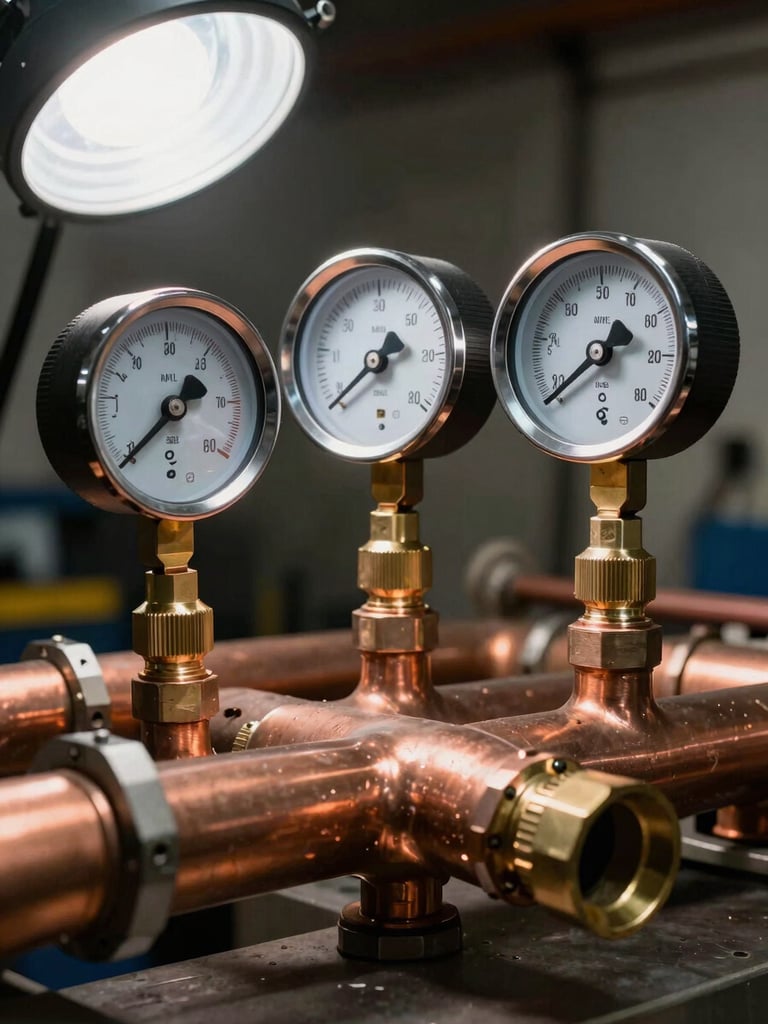 Tight macro 21:9 shot of manifold gauges attached to copper AC pipes, sharp workshop utility light highlighting the brass fittings and pressure dials.