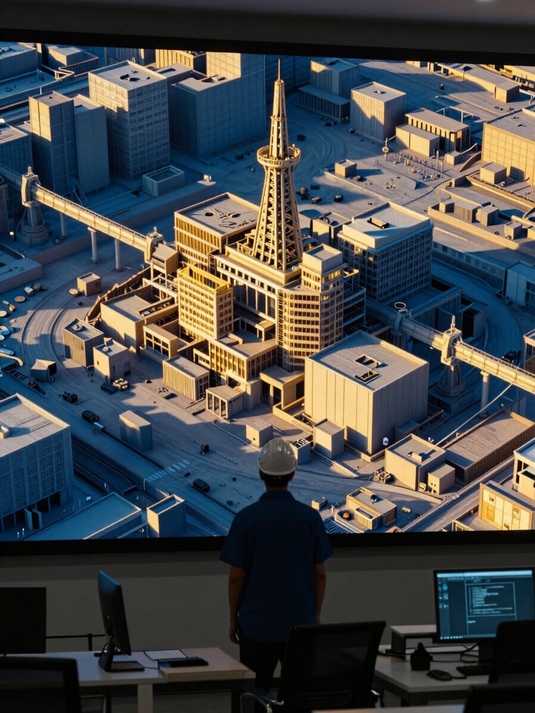 A mining engineer analyzing a complex 3D block model on a large screen in a modern office, high-contrast structural details, sharp focus, technical atmosphere