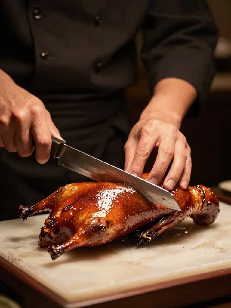 Moody editorial food photography, a chef slicing a glistening crispy Peking duck with a sharp knife, warm amber lighting, dark background, shallow depth of field