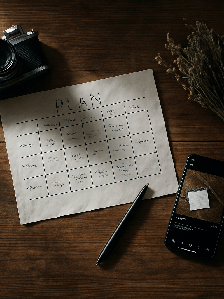 Overhead flat-lay of a wooden table with a hand-annotated planning sheet, a small camera, dried herbs, and a phone showing a draft social post — all lit by morning window light from the left, natural shadows across the surface