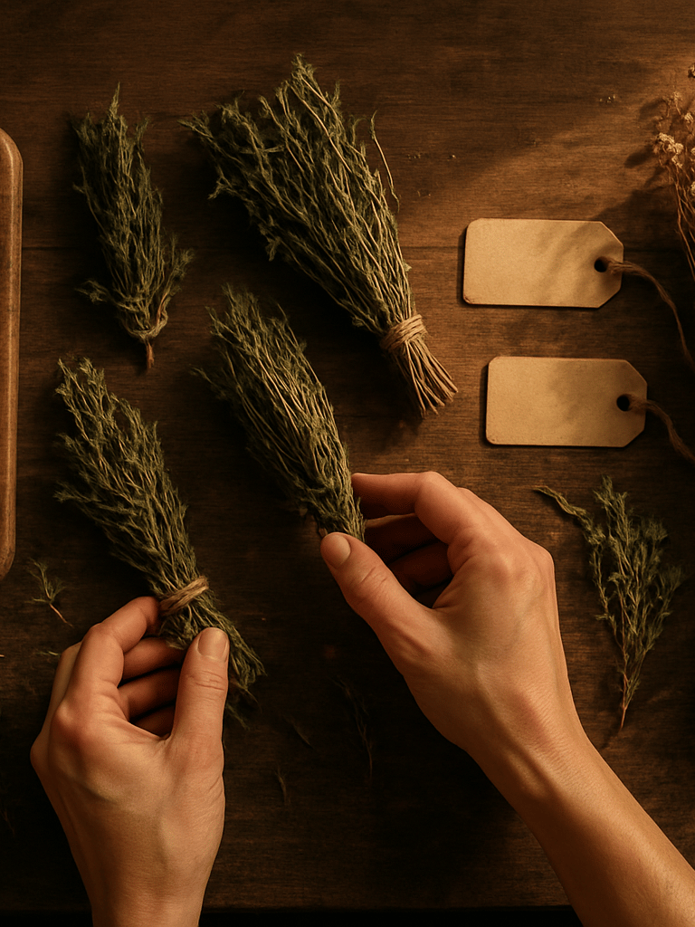 Close overhead shot of hands arranging a market vendor display — small handwritten price tags, bundles of dried herbs, a worn cutting board — golden-hour window light from the right, no people visible beyond the wrists