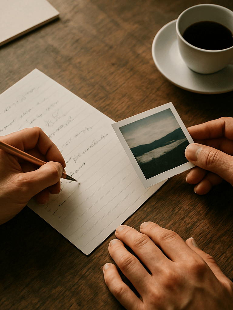 Close overhead view of two pairs of hands over a worn wooden table, one holding a pencil above a handwritten planning sheet, the other steadying a small printed photo — agency work session in warm north-facing daylight, papers and coffee cup softly visible at the edges