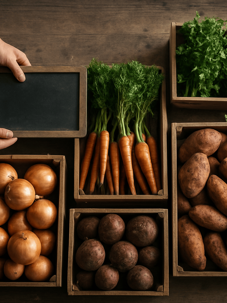Wide overhead view of a farmers market stall at opening hour, wooden crates of root vegetables and bunched herbs arranged on a worn table, morning north-light casting soft shadows, one pair of hands placing a chalkboard sign at the left edge of frame