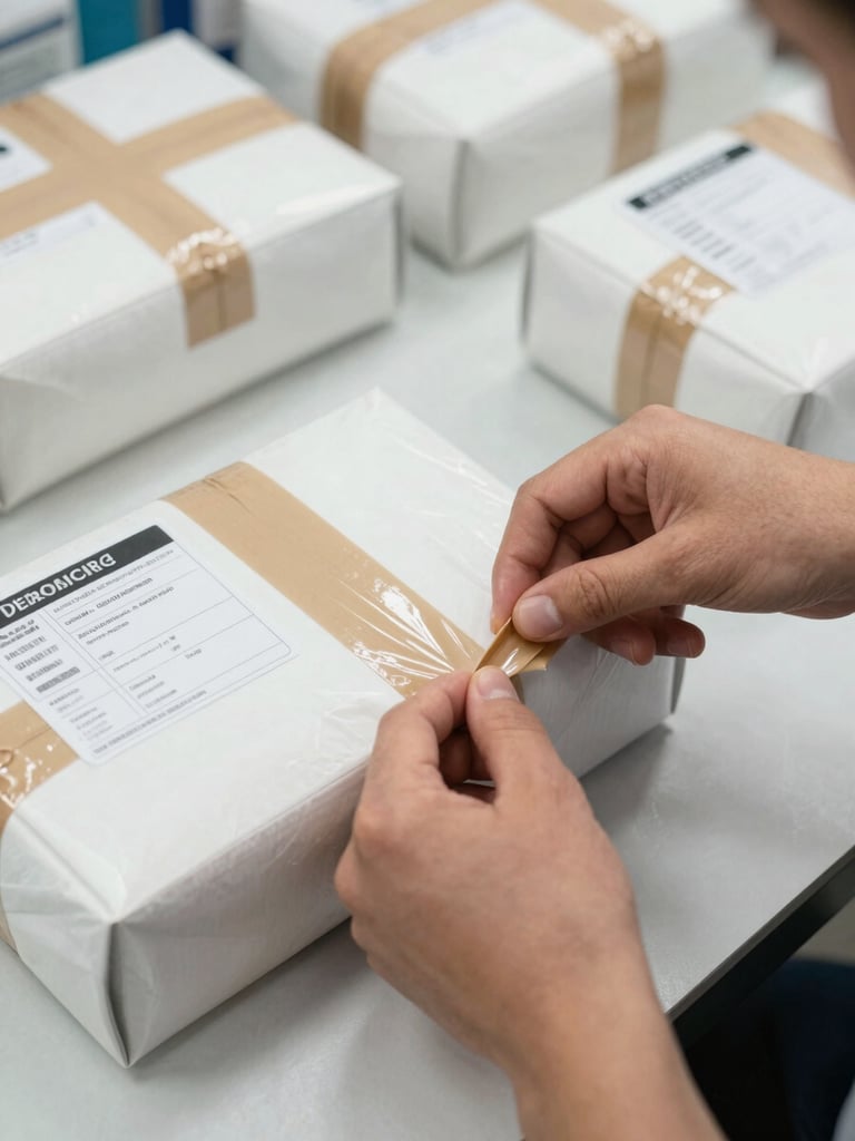Close-up overhead view of hands securing pharmaceutical packaging with tamper-evident tape on a sorting table, printed shipping labels visible beside the parcel, bright overhead warehouse lighting, organised rows of parcels in background