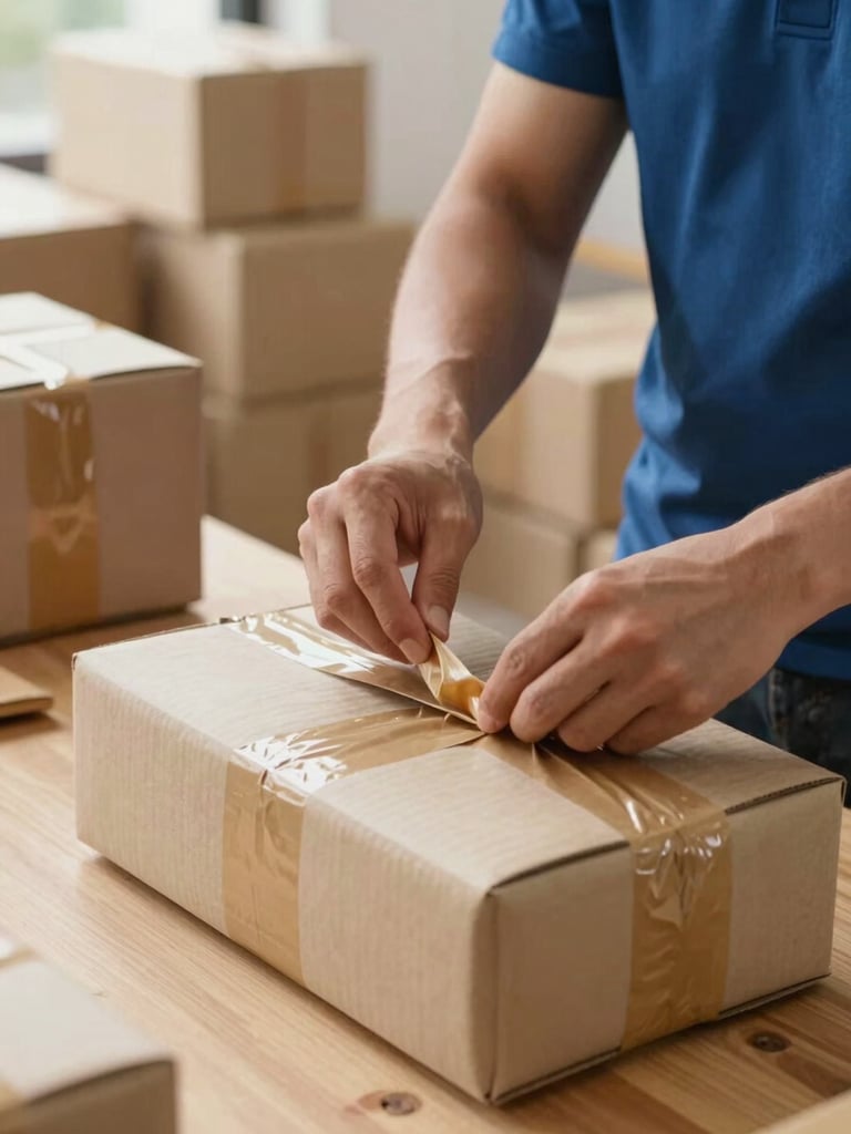 Close-up of a courier worker's hands carefully wrapping a parcel in brown tape on a wooden sorting table, bright daylit warehouse, stacked boxes visible in the soft background