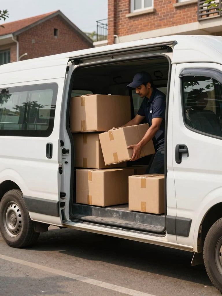 Wide shot of a courier loading sealed brown parcels into a white delivery van parked on a Gudivada residential street, morning daylight, brick buildings visible in background, hands gripping boxes mid-motion