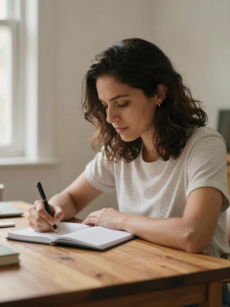 Environmental portrait of Christiane Fernanda sitting by a warm wooden desk, writing in a notebook, soft natural light, shallow depth of field.