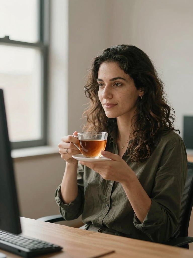Environmental portrait of Christiane Fernanda in her office, holding a warm cup of tea, soft natural window light, warm minimalist background.