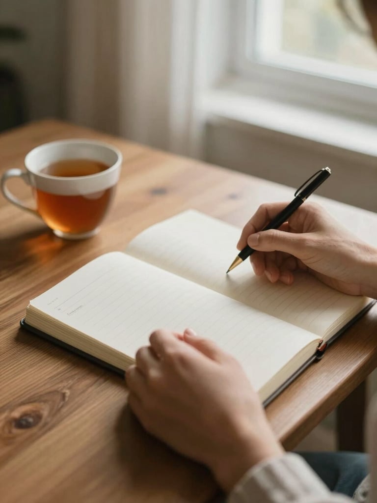 Close-up of Christiane Fernanda's hands holding a notebook on a wooden desk, a warm cup of tea nearby, soft fabric textures, diffused natural window light, calming and professional atmosphere.