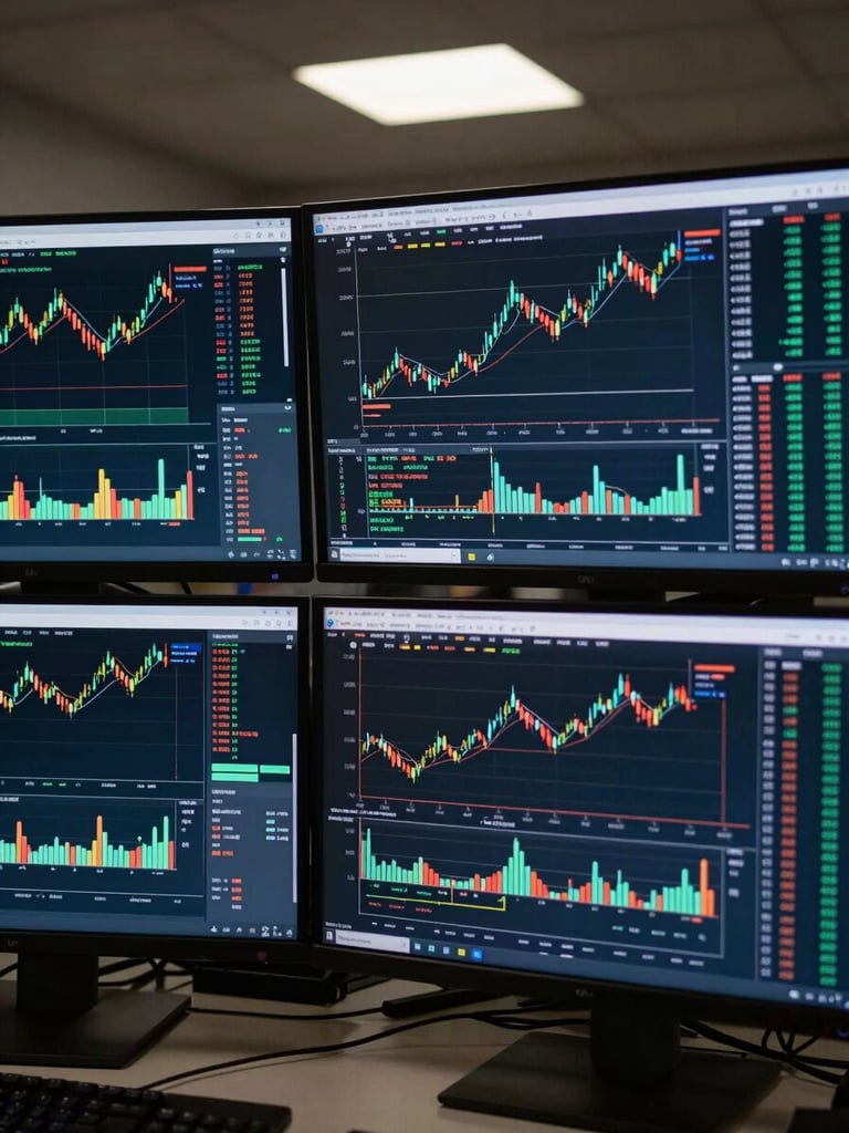Close-up of a multi-monitor trading station, candlestick charts and algorithmic execution logs filling the screens, cool overhead task lighting, no reflections, dark room, data-dense terminal aesthetic