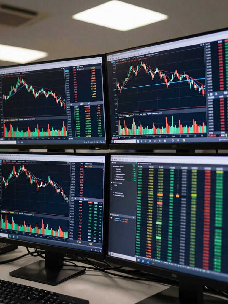 Close-up of three monitors on an institutional trading desk, screens filled with live candlestick charts and scrolling order-book data, cool flat overhead task lighting, no shadows, tight crop showing only the screens and keyboard edge