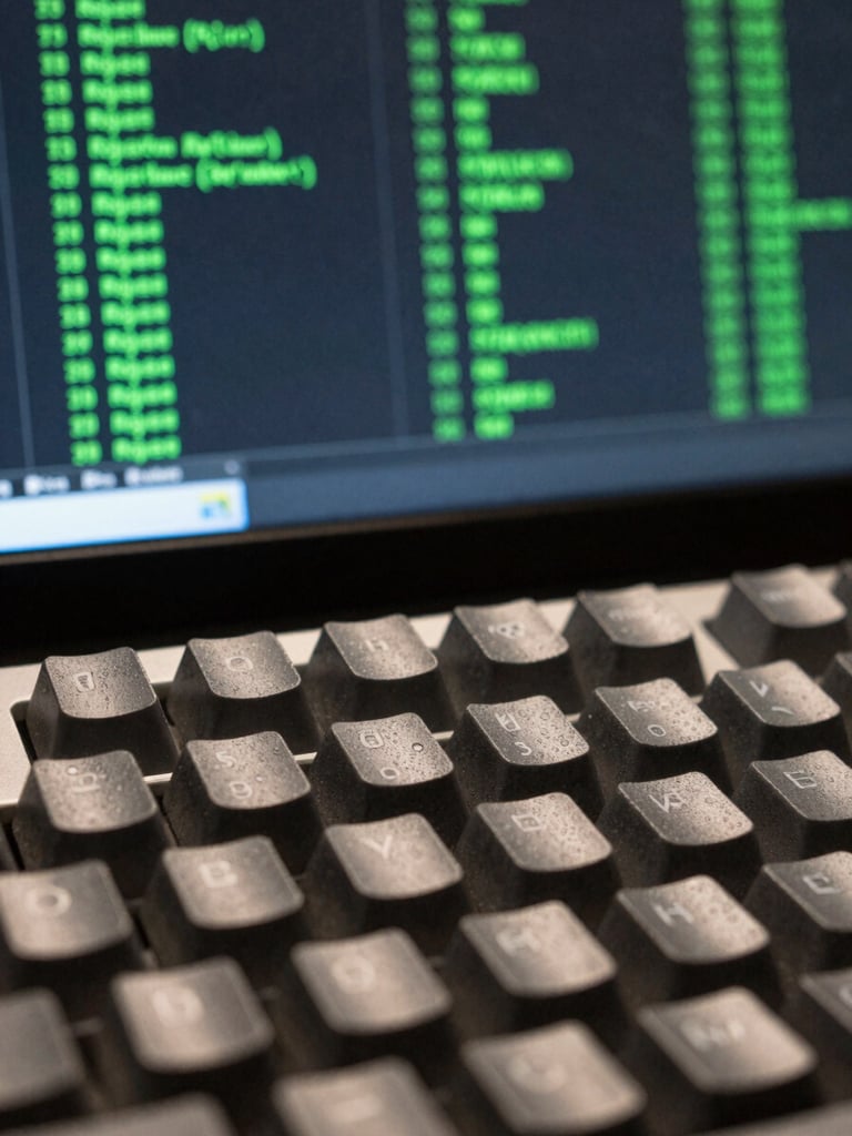 Extreme close-up of a mechanical keyboard in sharp focus, a monitor behind it reflecting scrolling algorithm execution logs in green monospace text, cool flat task lighting, no hands visible, data completely fills the screen