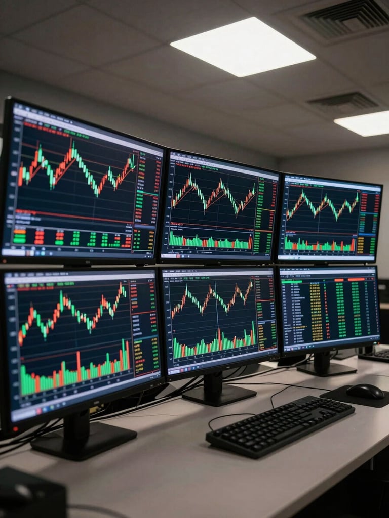 Wide-angle view from the right side of a multi-monitor trading station, three screens showing candlestick charts and algorithmic order execution logs under cool flat overhead lighting, dark room, green tick markers visible on chart data, no people