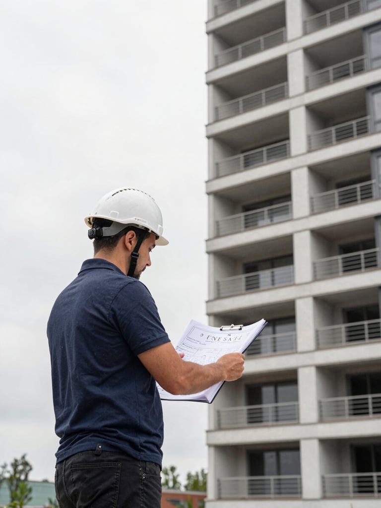 Wide architectural site visit — a GNESTA team member in a hard hat reviewing blueprints on a clipboard at a completed mid-rise residential development, natural overcast daylight, building facade filling the right frame edge, precise and operational
