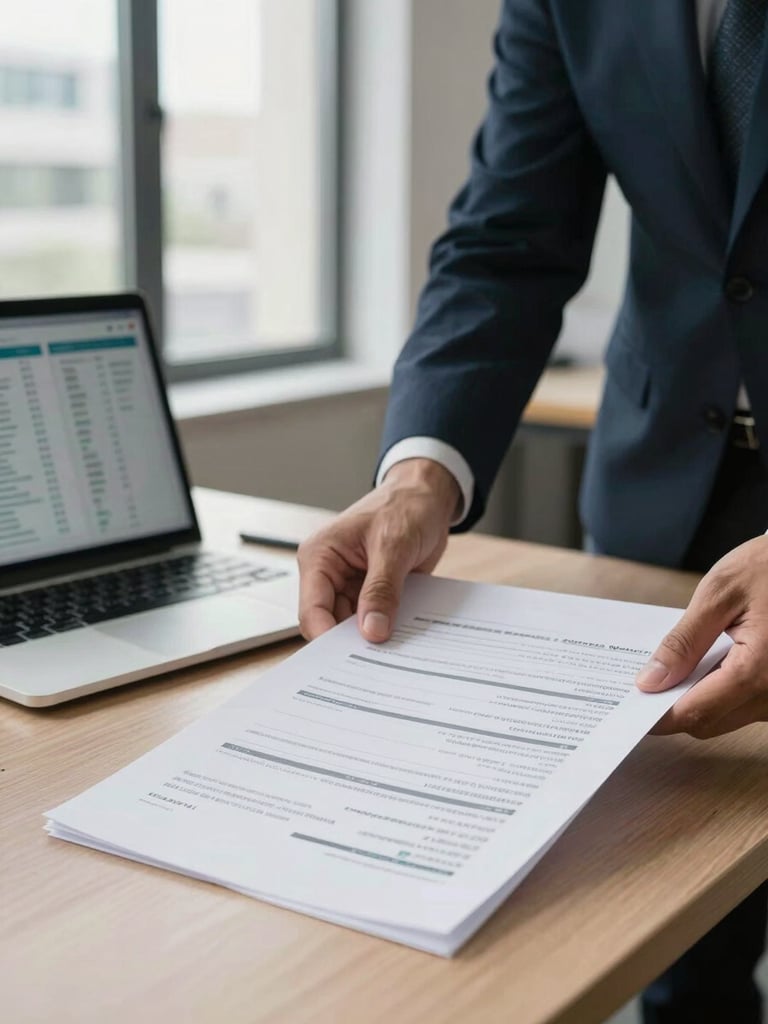 Close-up of a property manager reviewing a multi-page financial analysis printout at a desk with a laptop showing data dashboards, natural window light, architectural office environment, no lifestyle staging