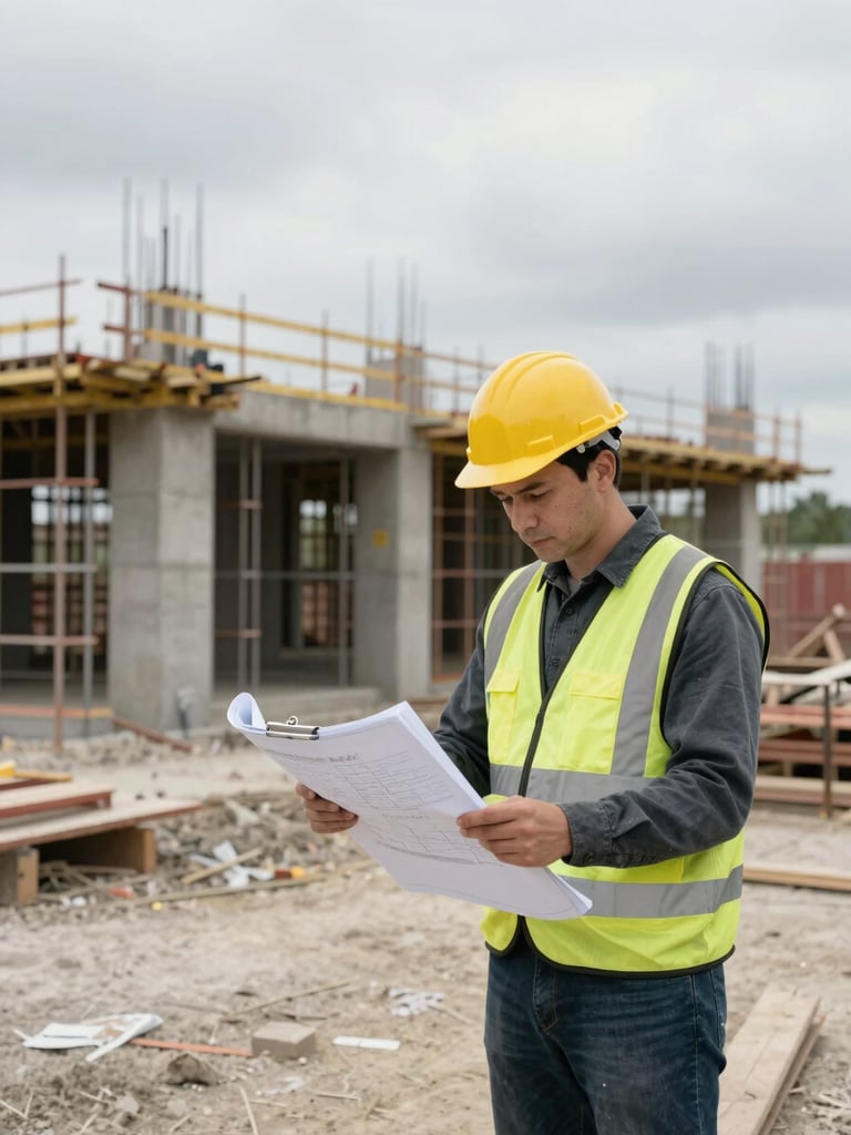 Wide shot of a construction site foreman reviewing blueprints on a clipboard at a ground-up residential development, concrete foundations visible behind, overcast natural light, no staging or lifestyle elements