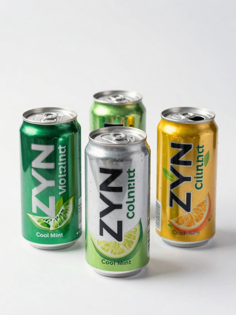 A crisp studio packshot of ZYN Cool Mint and Citrus cans on a clean white background, flat lighting, soft shadows, high-resolution detail of the packaging
