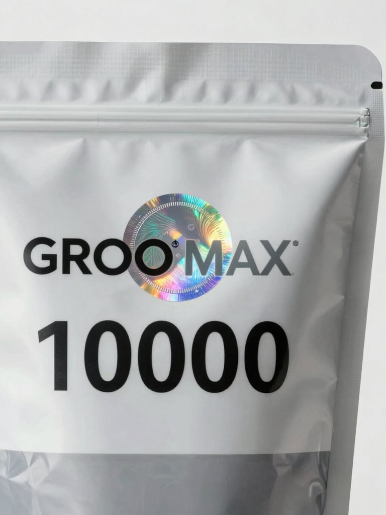 Close-up product shot of GROO MAX 10000 packaging, focus on authentic holographic security seal and clean industrial design, solid white background, portrait aspect.