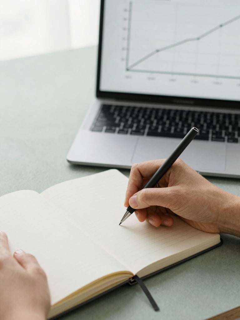 Hands of a professional writing in a clean planner, a laptop displaying a simple line chart in the background, soft natural lighting, slate and sage tones