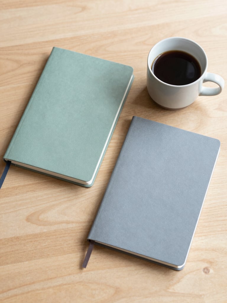 A clean overhead view of two distinct notebooks on a light oak table, one sage green and one slate grey, next to a ceramic cup of coffee, soft morning light, negative space.