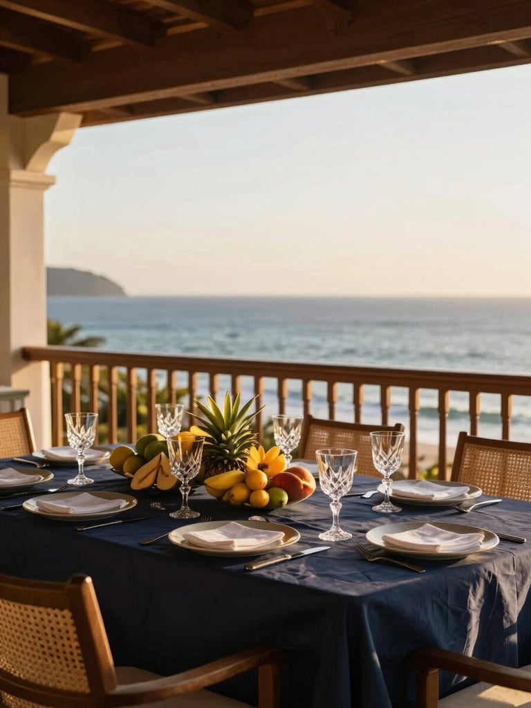 Close-up of a beautifully set dining table on a private oceanfront balcony, fresh tropical fruits, crystal glasses, golden sunlight