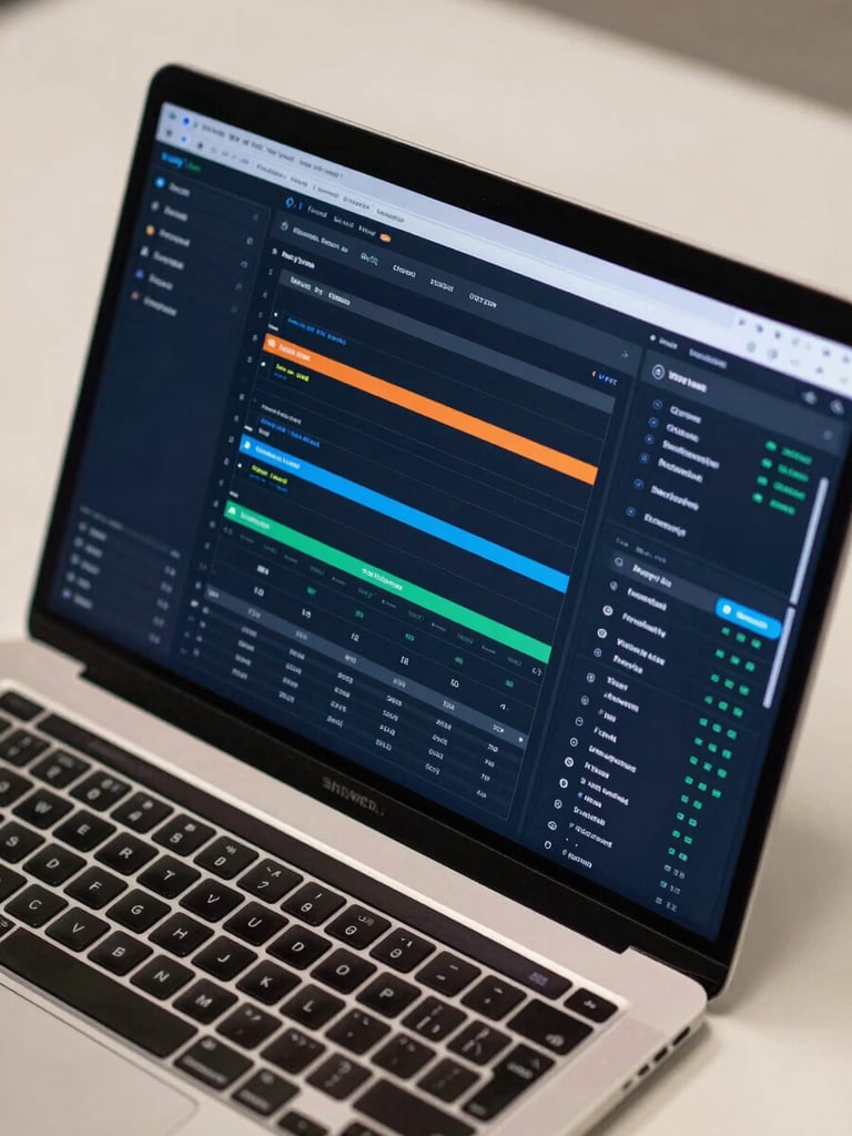 Close-up overhead view of a laptop screen displaying a live operations dashboard with workflow modules and data grids, clean desk surface, even studio lighting, deep navy interface tones