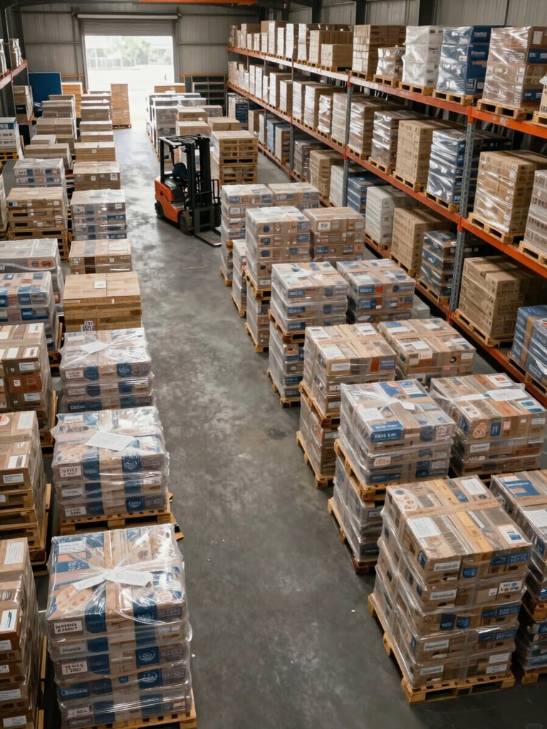 Wide overhead shot of an organized large-scale warehouse interior, rows of palletized bulk commodity goods in daylight, high ceiling, wide aisle, forklift visible mid-aisle, no workers posing