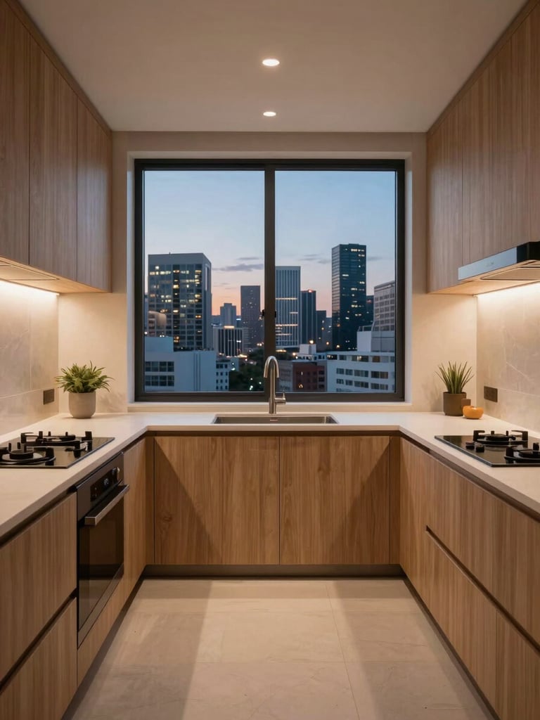 Interior view of a sleek, modern studio apartment designed for efficiency, featuring minimalist wooden cabinetry, integrated lighting, and a wide window showcasing the Pinheiros skyline at dusk.
