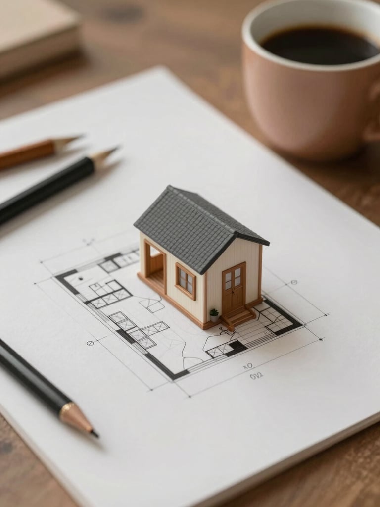 Close-up of a tiny home floor plan sketched on drafting paper, with architectural tools and a warm cup of coffee nearby, soft diffused daylight.