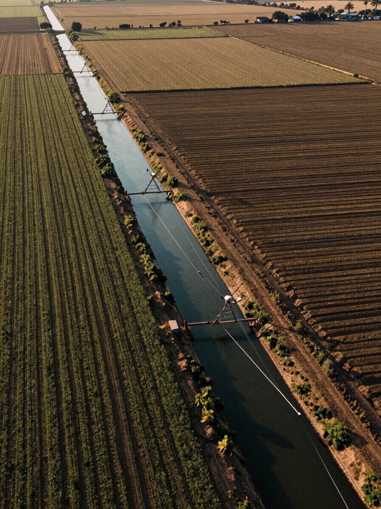 Close overhead study of an irrigation canal cutting through large-scale agricultural fields in sub-Saharan Africa, geometric crop rows visible from above, early morning light casting long parallel shadows, muted earth tones