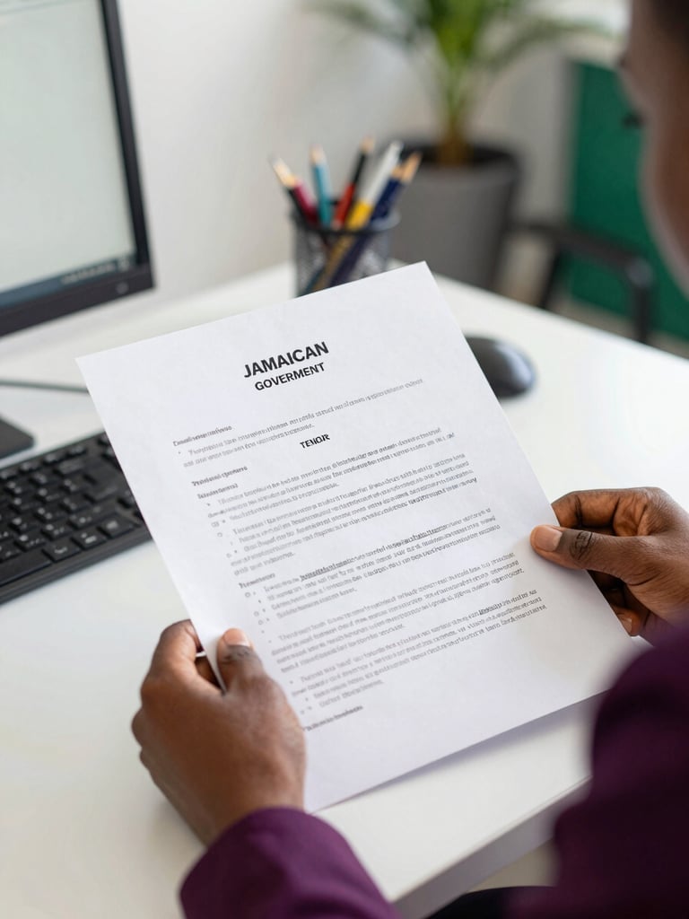 A close-up of hands reviewing a formal Jamaican government tender document on a clean office desk, professional setting