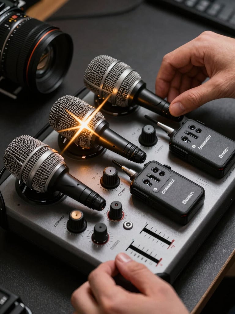 Close-up overhead shot of a Zoom H6e recorder, two Deity S-Mic 3S boom microphones, and two Sennheiser G4 wireless transmitters laid out in organized rows on a dark surface, warm tungsten practical light raking across the capsules and XLR connectors, operator hands adjusting gain knobs