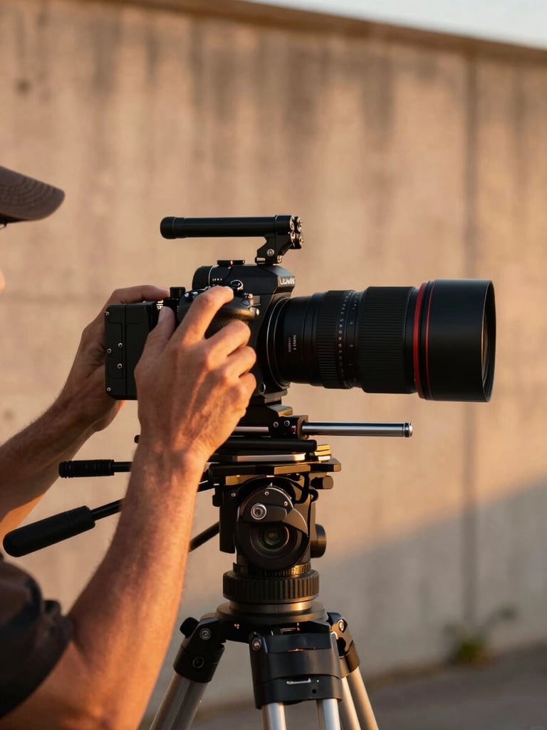 Wide environmental shot of a Lumix S5IIx mounted on a shoulder rig with an anamorphic adapter attached, operator adjusting focus ring on location at golden hour, warm orange-amber light falling across the matte box and lens body, concrete wall background slightly out of focus
