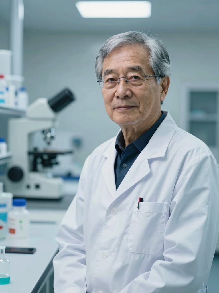 Professional portrait of a senior pharmaceutical scientist in a clean laboratory setting, soft blue and green lighting, sterile environment, sharp focus