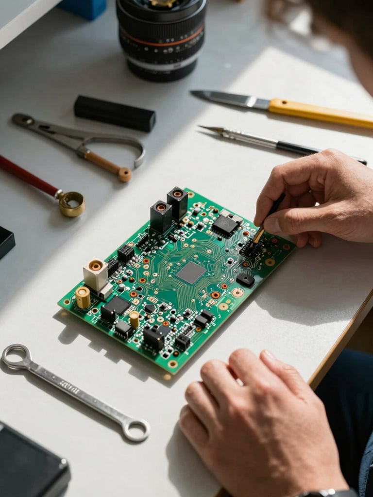 Overhead documentation shot of a repair workbench under north-facing daylight, a circuit board mid-installation with tools laid out methodically alongside, hands visible at the edge of frame positioning a component, natural shadows across the surface