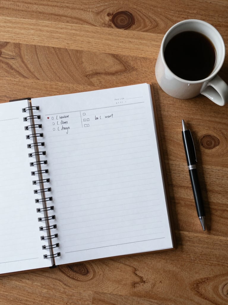 Overhead flat lay of an organized wooden desk, a clean paper planner with neat handwriting, a ceramic mug, and a pen, bathed in soft morning daylight.